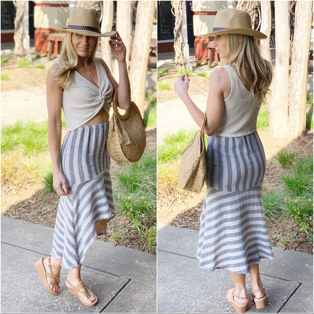 RESTOCK✨Navy Taupe Linen Striped High Low Skirt - Picture 3 of 3
